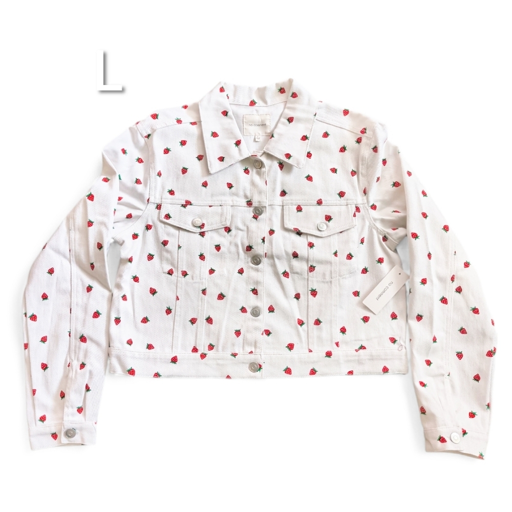 Fashion Nova White Jean Jacket with Red Strawberry Print. Size L